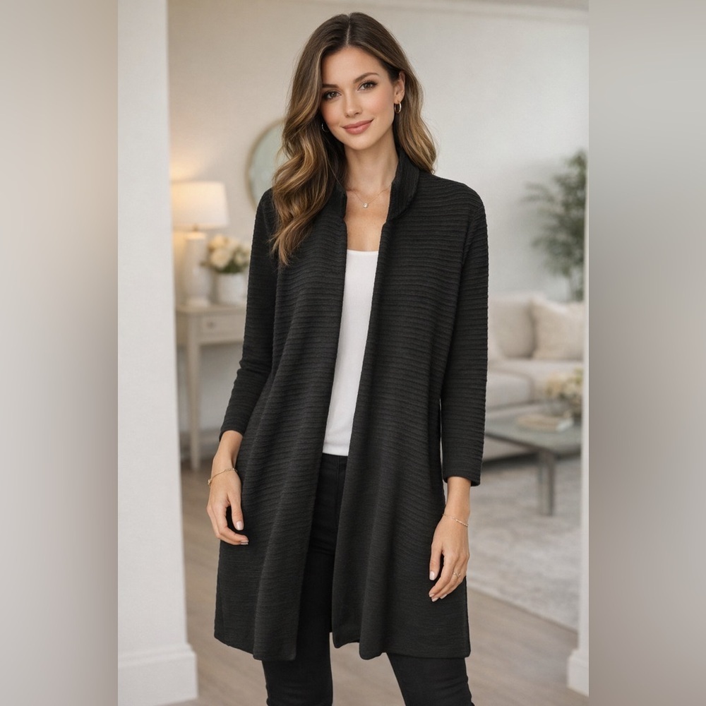 NWT T Tahari Black Ribbed Open Front Duster Cardigan XS Longline Lightweight Poc